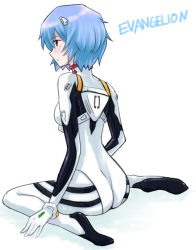 Rule 34 | 1girl, ass, ayanami rei, bad id, bad pixiv id, blue hair, neon genesis evangelion, plugsuit, prime, red eyes, short hair, simple background, sitting, solo, white background