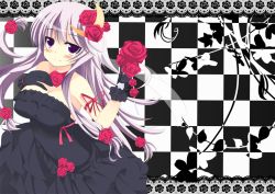 Rule 34 | 1girl, alternate costume, black dress, black gloves, blush, breasts, cleavage, crescent, crescent hair ornament, dress, female focus, flower, gloves, hair flower, hair ornament, kusano (torisukerabasu), long hair, no headwear, no headwear, patchouli knowledge, purple eyes, purple hair, red flower, red rose, rose, sleeveless, sleeveless dress, smile, solo, touhou