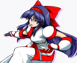 1girl ainu_clothes artist_name blue_eyes blue_hair breasts fingerless_gloves gloves hair_ribbon highres large_breasts leg_lift leg_up legs long_hair looking_at_viewer nakoruru open_mouth pants ribbon samurai_spirits smile snk solo the_king_of_fighters thighs weapon
