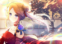 Rule 34 | 1girl, absurdres, bare shoulders, blue bow, blue flower, blue rose, blurry, blurry background, blush, bow, brown hair, bubble, choker, closed mouth, commentary request, depth of field, double bun, dress, fence, flower, forehead, hair bun, hair ribbon, highres, long hair, looking away, menghuan tian, off-shoulder dress, off shoulder, original, outdoors, parted bangs, purple eyes, red choker, red dress, red ribbon, ribbon, rose, side bun, signature, smile, solo, sunlight, tree, twintails