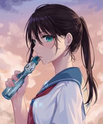 Rule 34 | 1girl, black hair, blue sailor collar, blush, commentary request, dripping, from side, hair between eyes, highres, hizuki higure, holding, long hair, looking at viewer, looking to the side, neckerchief, original, parted lips, ponytail, red neckerchief, sailor collar, school uniform, serafuku, shirt, short sleeves, sky, solo, tupet, upper body, water drop, wet, wet hair, white shirt