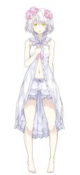 Rule 34 | 1girl, bare shoulders, barefoot, bloomers, blush, collar, flower, full body, hair flower, hair ornament, hand on own chest, kudou chitose, midriff, navel, nijisanji, official art, open clothes, open mouth, ribbon, shibano kaito, smile, solo, standing, straight-on, tachi-e, transparent background, underwear, virtual youtuber, white hair, yellow eyes