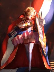 Rule 34 | 1girl, absurdres, armor, asymmetrical armor, azur lane, ballet slippers, blonde hair, blue eyes, cape, epaulettes, fleur-de-lis, french flag, full body, gauntlets, highres, huge filesize, le triomphant (azur lane), long hair, rapier, red cape, shield, skindentation, sonaworld, striped clothes, striped thighhighs, sword, thighhighs, tiptoes, torpedo tubes, turret, tutu, vertical-striped clothes, vertical-striped thighhighs, weapon, white thighhighs