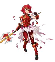 Rule 34 | 1girl, aged down, armor, armored boots, black gloves, boots, female focus, fire emblem, fire emblem: mystery of the emblem, fire emblem heroes, full body, gloves, highres, holding, holding weapon, indesign, matching hair/eyes, minerva (fire emblem), nintendo, official art, polearm, red footwear, red hair, short hair, skirt, solo, spear, torn clothes, transparent background, weapon