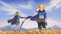 Rule 34 | 1boy, 1girl, absurdres, black gloves, black pants, blonde hair, blue cape, blue eyes, blue sky, blue tunic, brown footwear, cape, cloud, cloudy sky, fingerless gloves, gloves, grass, green eyes, hand up, highres, link, low ponytail, mountain, mountainous horizon, nintendo, open mouth, outdoors, pants, phina (jinahou), pointy ears, princess zelda, short hair, sky, standing, sword, the legend of zelda, the legend of zelda: breath of the wild, the legend of zelda: tears of the kingdom, weapon, white pants