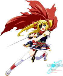 Rule 34 | 1girl, blade, blonde hair, blue eyes, boo!king, bracelet, breasts, cape, cloak, determined, dual wielding, eyepatch, female focus, floating hair, full body, hair ornament, hair tie, hands up, holding, holding sword, holding weapon, jewelry, leg up, long hair, looking to the side, medium breasts, multiple swords, naruko (naruto), naruto, naruto (series), one-eyed, one eye covered, open mouth, outstretched leg, red cape, red cloak, sandals, serious, simple background, sleeveless, solo, sword, teeth, thighhighs, tongue, twintails, uzumaki naruto, weapon, white thighhighs