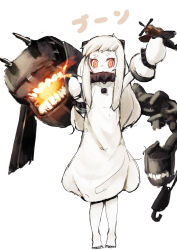 Rule 34 | 10s, 1girl, abyssal ship, aircraft, barefoot, dress, full body, highres, holding, horns, kantai collection, long hair, looking at viewer, mittens, northern ocean princess, nuko-d, pale skin, red eyes, simple background, sketch, sleeveless, sleeveless dress, solo, standing, toes, white background, white hair