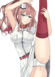 Rule 34 | 1girl, bad id, bad pixiv id, blue eyes, breast pocket, breasts, brown hair, dress, hair between eyes, highres, impossible clothes, kantai collection, large breasts, leg up, long hair, looking at viewer, meme, neckerchief, panties, pocket, red neckerchief, red thighhighs, saratoga (kancolle), side ponytail, simple background, smile, smokestack hair ornament, solo, split, standing, standing on one leg, standing split, thighhighs, underwear, white background, white dress, white panties, yamato (083)