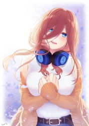 Rule 34 | 1girl, absurdres, bare shoulders, belt, blue eyes, blush, breasts, brown belt, brown hair, cardigan, facing viewer, floating hair, go-toubun no hanayome, hair between eyes, hands on own chest, headphones, headphones around neck, highres, large breasts, long hair, long sleeves, looking at viewer, nakano miku, open mouth, orange cardigan, own hands together, red hair, sae^2, shirt, sleeveless, sleeveless shirt, sleeves past wrists, smile, solo, standing, striped clothes, striped shirt, upper body, white shirt, wind