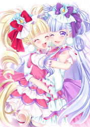 Rule 34 | 2girls, ;d, aisaki emiru, backlighting, blonde hair, blunt bangs, blush, bow, bow-shaped hair, closed eyes, cowboy shot, cure amour, cure macherie, curly hair, dot nose, dress, earrings, eyelashes, facing viewer, gloves, hair bow, hair ornament, highres, hug, hugtto! precure, jewelry, layered dress, long hair, magical girl, multiple girls, one eye closed, open mouth, pink dress, pom pom (clothes), pom pom earrings, precure, puffy sleeves, purple bow, purple dress, purple eyes, purple hair, red bow, ruru amour, shirato sayuri, smile, sparkle, standing, thighhighs, twintails, white background, white gloves, white thighhighs