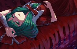 Rule 34 | 1girl, absurdres, bags under eyes, bandaged arm, bandages, blood, collared dress, commentary, dress, frilled ribbon, frills, front ponytail, green eyes, green hair, hair ribbon, hand on own stomach, highres, iroiro yaru hito, kagiyama hina, long hair, looking at viewer, lying, on back, parted lips, red dress, red ribbon, ribbon, solo, touhou, water