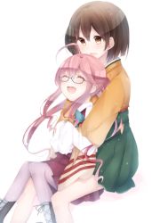 Rule 34 | 10s, 2girls, ^ ^, blue-framed eyewear, blush, boots, brown eyes, brown hair, cherry rosso, closed eyes, glasses, hiryuu (kancolle), japanese clothes, kantai collection, long hair, long sleeves, makigumo (kancolle), multiple girls, open mouth, pantyhose, personification, pink hair, purple legwear, purple skirt, ribbon, school uniform, short hair, side ponytail, skirt, sleeves past wrists, smile, wide sleeves