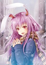 Rule 34 | 1girl, alternate costume, animal ears, bad id, bad pixiv id, rabbit ears, contemporary, fingers together, long hair, long sleeves, looking at viewer, open mouth, pink eyes, pink hair, reisen udongein inaba, scarf, sign, smile, snow, snowing, solo, touhou, town, upper body, very long hair, winter clothes, yuuka nonoko