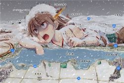 Rule 34 | 10s, 1girl, architecture, bare shoulders, blue eyes, bridge, brown hair, city, cold, constricted pupils, detached sleeves, east asian architecture, flipped hair, giant, giantess, hairband, hiei (kancolle), huge giantess, ichikawa feesu, japanese clothes, kantai collection, lake, looking away, lying, mountain, nissan skyline, nissan skyline c10, nontraditional miko, on stomach, open mouth, pagoda, perspective, railroad tracks, remodel (kantai collection), ripples, rural, shaded face, short hair, sky, snow, snowing, temple, thighhighs, translation request, trembling, vehicle