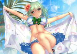 Rule 34 | 1girl, bikini, blue bikini, blue sky, blurry, blurry background, bracelet, breasts, cleavage, closed mouth, commentary request, flower, green eyes, green hair, hair flower, hair ornament, heart, jewelry, komeiji koishi, komeiji koishi (the excited eyes of love), large breasts, leg up, lens flare, looking at viewer, outdoors, outstretched arms, palm tree, parasol, plaid, plaid bikini, red flower, short hair, shounen (hogehoge), sky, smile, swimsuit, touhou, touhou lostword, towel, tree, umbrella, variant set