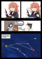 Rule 34 | 1boy, 2girls, :3, absurdres, admiral (kancolle), ahoge, black hair, comic, commentary, compass, crescent, crescent hair ornament, cup, ehoumaki, english commentary, english text, engrish commentary, engrish text, food, food on face, gameplay mechanics, glasses, hair ornament, hairband, hat, highres, ipad, kantai collection, long hair, long sleeves, makizushi, misumi (niku-kyu), mug, multiple girls, ooyodo (kancolle), opaque glasses, open mouth, peaked cap, pink eyes, pink hair, ranguage, sushi, tablet pc, uzuki (kancolle)