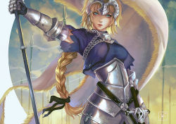 Rule 34 | 1girl, armor, blonde hair, braid, breasts, capelet, chain, cowboy shot, fate/apocrypha, fate (series), faulds, gauntlets, green eyes, head tilt, headpiece, holding, jeanne d&#039;arc (fate), jeanne d&#039;arc (ruler) (fate), long hair, looking at viewer, outstretched arm, short sleeves, solo, standing, sword, vambraces, washuu, weapon