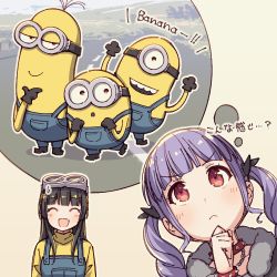 Rule 34 | &gt;:(, 2girls, :d, ^ ^, ayasaka, bang dream!, black gloves, black hair, bracelet, chain, choker, closed eyes, commentary, cosplay, despicable me, english commentary, fur trim, gloves, goggles, goggles on head, hand on own chin, imagining, jewelry, long hair, minion (despicable me), minion (despicable me) (cosplay), multiple girls, open mouth, overalls, purple hair, red choker, red eyes, road, shirokane rinko, shirt, smile, spiked bracelet, spiked choker, spikes, sweatdrop, tan background, thinking, translation request, turtleneck, twintails, udagawa ako, v-shaped eyebrows, yellow shirt