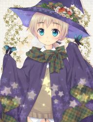 Rule 34 | 1girl, apple, blonde hair, bow, bug, butterfly, cape, eyebrows, flower, food, fruit, green eyes, hair ribbon, hat, bug, leaf, looking at viewer, lynette bishop, portrait, ribbon, smile, solo, star (symbol), strike witches, upper body, vest, witch hat, world witches series, yuni (artist), yuni (seifuku-san)