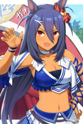 Rule 34 | 1girl, animal ears, arm wrap, armpits, arms up, blue hair, blue sky, breasts, choker, claw pose, cleavage, cloud, collarbone, commentary request, cowboy shot, crop top, dark-skinned female, dark skin, day, detached sleeves, ear ornament, ear scrunchie, fang, hair between eyes, hair ornament, hairclip, hand on own hip, highres, hishi amazon (umamusume), horse ears, horse girl, horse tail, itou (onsoku tassha), jewelry, long hair, looking at viewer, medium breasts, midriff, navel, open mouth, red eyes, red scrunchie, ring, scrunchie, shirt, sidelocks, single bare shoulder, skirt, sky, smile, solo, standing, tail, umamusume, underbust, white choker, white skirt