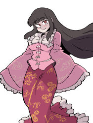 Rule 34 | 1girl, absurdres, bamboo print, black hair, blunt bangs, closed mouth, eddybird55555, floral print, frilled skirt, frills, highres, hime cut, houraisan kaguya, long hair, long sleeves, looking at viewer, parody, pink shirt, red eyes, red skirt, ringed eyes, shirt, sidelocks, simple background, skirt, smile, solo, style parody, touhou, vanripper (style), white background, wide sleeves