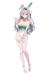 Rule 34 | 1girl, absurdres, alternate costume, animal ears, black hairband, blush, bow, bowtie, collarbone, detached collar, firefly (honkai: star rail), full body, green leotard, grey hair, hairband, hand on own thigh, hand up, highleg, highleg leotard, highres, honkai: star rail, honkai (series), leotard, looking at viewer, low neckline, open mouth, purple eyes, rabbit ears, simple background, skindentation, solo, standing, strapless, strapless leotard, sweatdrop, thigh gap, thigh strap, two-tone leotard, white background, white footwear, white leotard, wrist cuffs, yellow bow, yellow bowtie, zije