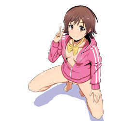 Rule 34 | 10s, 1girl, barefoot, bottomless, brown eyes, brown hair, detached collar, elel185, full body, hand on own thigh, honda mio, hood, hooded jacket, hooded track jacket, hoodie, idolmaster, idolmaster cinderella girls, jacket, naked hoodie, pussy, shadow, simple background, smile, solo, squatting, track jacket, unzipped, v, white background