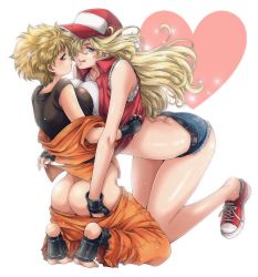 Rule 34 | 2girls, artist request, ass, blonde hair, blue eyes, breast press, breasts, butt crack, clothes pull, cutoffs, denim, denim shorts, dougi, fingerless gloves, full body, genderswap, genderswap (mtf), gloves, heart, highres, kneeling, large breasts, legs together, licking lips, long hair, looking at viewer, multiple girls, no panties, no socks, off shoulder, pants, pants pull, ryou sakazaki, shirt, shoes, short hair, shorts, sleeveless, sneakers, snk heroines: tag team frenzy, source request, stirrup legwear, symmetrical docking, t-shirt, terry bogard, the king of fighters, toeless legwear, tongue, tongue out, vest, white background, yuri