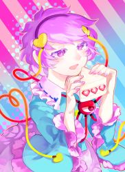 Rule 34 | 1girl, berry, blouse, blue background, blue shirt, blush, chamaruk, commentary request, fingernails, food, frills, fruit, fruit sandwich, hairband, hands up, heart, highres, komeiji satori, long sleeves, looking to the side, multicolored background, nail polish, open mouth, pink background, pink eyes, pink hair, pink nails, pink skirt, purple hairband, shirt, short hair, skirt, smile, solo, standing, strawberry, third eye, touhou, wide sleeves