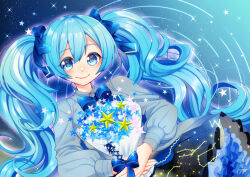 Rule 34 | 1girl, absurdres, blue eyes, blue hair, blush, bouquet, bow, bowtie, cassiopeia (constellation), collared shirt, commentary, constellation, constellation print, flower, frilled skirt, frills, gemini (constellation), hair bow, hatsune miku, highres, holding, holding bouquet, long hair, long sleeves, looking at viewer, masumofu, nail polish, night, night sky, ripples, shirt, skirt, sky, smile, solo, sparkle, star (sky), star (symbol), star trail, starry sky, taurus (constellation), very long hair, vocaloid