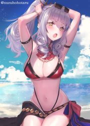 Rule 34 | 1girl, :o, armpits, arms behind head, arms up, ascot, bare arms, bare shoulders, bikini, blue sky, bracelet, breasts, brown eyes, carmilla (fate), carmilla (summertime mistress) (fate), cleavage, cloud, cloudy sky, commentary request, curly hair, day, eyewear on head, fate/grand order, fate (series), gradient sky, groin, hair ornament, highleg, highleg bikini, horizon, jewelry, large breasts, long hair, looking at viewer, navel, ocean, open mouth, ponytail, red ascot, red bikini, sarong, sidelocks, silver hair, sky, solo, sunglasses, suzuho hotaru, swimsuit, thighs, twitter username