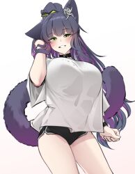 Rule 34 | 1girl, absurdres, animal ears, arknights, black choker, black shorts, blue hair, breasts, cat ears, cat tail, choker, commentary request, cowboy shot, gradient background, green eyes, grey background, grin, hand up, highres, jessica (arknights), k0ng, large breasts, long hair, looking at viewer, multicolored hair, purple hair, shirt, shorts, smile, solo, standing, streaked hair, tail, thighs, very long hair, white background, white shirt