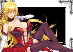 Rule 34 | 10s, 1girl, bad id, bad pixiv id, bare shoulders, black thighhighs, blonde hair, blush, breasts, center opening, cleavage, covered erect nipples, dress, elbow gloves, fang, finger to mouth, garter straps, gloves, kiss-shot acerola-orion heart-under-blade, large breasts, legs, long hair, monogatari (series), naughty face, nisemonogatari, oshino shinobu, pointy ears, school uniform, sitting, solo, thighhighs, thighs, tongue, tongue out, vampire, white gloves, yellow eyes, zucchini