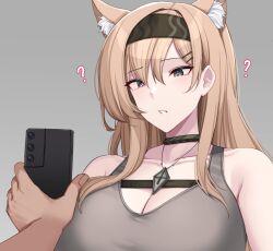 Rule 34 | 1girl, 1other, ?, animal ear fluff, animal ears, arknights, bare shoulders, black choker, black hairband, blonde hair, blue eyes, breasts, cellphone, choker, cleavage, commentary, grey background, hair between eyes, hairband, highres, holding, holding phone, horn (arknights), kanta (kanta 077), large breasts, long hair, phone, simple background, smartphone, solo focus, upper body, wolf ears