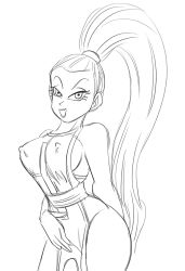 Rule 34 | 10s, breasts, dragon ball, dragon ball super, covered erect nipples, funsexydragonball, long hair, looking at viewer, monochrome, ponytail, sideboob, sketch, smile, thick thighs, vados (dragon ball)