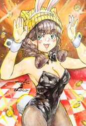 Rule 34 | 1girl, :d, animal ears, artist name, black bow, black bowtie, black leotard, blush, bowtie, braid, breasts, brown hair, brown pantyhose, chime (nikke), cleavage, coin, detached collar, fake animal ears, fake tail, goddess of victory: nikke, green eyes, hat, leotard, medium breasts, michikusa choco, open mouth, pantyhose, playboy bunny, rabbit ears, rabbit pose, rabbit tail, smile, solo, strapless, strapless leotard, tail, traditional media