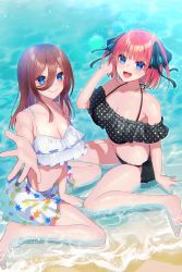 Rule 34 | 2girls, :d, absurdres, arm up, bare shoulders, barefoot, beach, bikini, bikini skirt, black bikini, black ribbon, blue eyes, blunt bangs, blush, breasts, brown hair, butterfly hair ornament, cleavage, collarbone, frilled bikini, frills, from above, go-toubun no hanayome, hair between eyes, hair ornament, highres, kurosaki coco, large breasts, lens flare, long hair, looking at viewer, midriff, multicolored nails, multiple girls, nail polish, nakano miku, nakano nino, navel, open mouth, outstretched arm, outstretched hand, patterned, pink hair, polka dot, polka dot bikini, raised eyebrows, reaching, reaching towards viewer, ribbon, sand, shore, siblings, sidelocks, simple background, sisters, sitting, smile, stomach, sunlight, swimsuit, thick thighs, thighs, twintails, wariza, water, wet, white background, white bikini