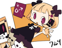 Rule 34 | 1girl, :o, black bow, black dress, black thighhighs, blonde hair, bloomers, blunt bangs, blush stickers, bob cut, bow, collarbone, cut-here line, cut-here line, dotted line, dress, dress bow, dutch angle, facing viewer, feet out of frame, frilled sleeves, frilled thighhighs, frills, from side, guillotine girl (yukihi), hair bow, hair ornament, hand up, limited palette, looking at viewer, looking to the side, mars symbol, no nose, open hand, open mouth, original, outside border, puffy short sleeves, puffy sleeves, purple eyes, ribbon trim, scissors, short dress, short hair, short sleeves, solo, speech bubble, spoken mars symbol, thighhighs, underwear, waving, white background, white bloomers, white bow, yellow background, yukihi