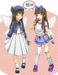 Rule 34 | 2girls, adapted costume, arm at side, arms at sides, asymmetrical legwear, backpack, bag, bandaid, bandaid on knee, bandaid on leg, beret, big mouse, blue bow, blue skirt, blunt bangs, book, bow, breasts, brown eyes, brown hair, candy, cellphone, closed mouth, collarbone, commentary request, dress, dual persona, fairy wings, flat chest, food, frills, full body, hair bow, half-closed eyes, hat, heart, highres, holding, holding book, holding candy, holding food, holding lollipop, holding phone, lollipop, long hair, looking at viewer, mary janes, medium breasts, midriff, mismatched legwear, multiple girls, navel, outline, petite, phone, pink background, pleated skirt, polka dot, polka dot background, purple footwear, scrunchie, shoes, short sleeves, simple background, single bare arm, skirt, smartphone, smile, spoken heart, standing, star (symbol), star print, star sapphire, thighhighs, touhou, white background, white dress, white outline, white thighhighs, wings, wrist scrunchie