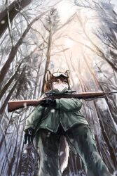 Rule 34 | 1girl, :&lt;, absurdres, animal ears, branch, forest, fox ears, fox girl, fox girl (yihan1949), fox tail, goggles, goggles on head, gun, highres, holding, holding weapon, military uniform, nature, original, rifle, scope, sniper rifle, snow, solo, standing, sun, tail, tree, uniform, weapon, winter, yihan1949