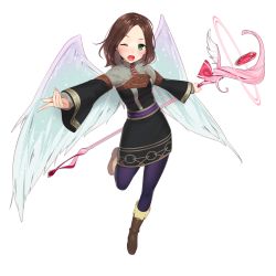 Rule 34 | 1girl, boots, brown hair, chloe (star ocean), feathered wings, full body, green eyes, long hair, official art, one eye closed, open mouth, solo, staff, star ocean, star ocean anamnesis, thighhighs, transparent background, wings