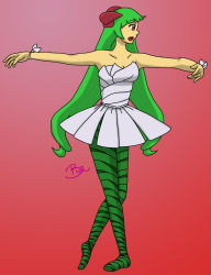 Rule 34 | 1girl, akira-chan17, ballerina, ballet, breasts, cleavage, collarbone, commentary, creatures (company), dress, full body, game freak, gen 3 pokemon, green hair, green pantyhose, highres, kirlia, long hair, nintendo, open mouth, outstretched arms, pantyhose, personification, pink background, pink eyes, pokemon, signature, skirt, solo, standing, tiptoes, tongue, tutu, white dress