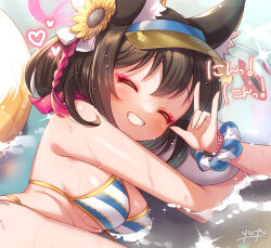 Rule 34 | 1girl, animal ear fluff, animal ears, bare arms, bare shoulders, bikini, black hair, blue archive, blush, breasts, closed eyes, eyeshadow, facing viewer, fingernails, fox ears, fox shadow puppet, fox tail, grin, hair between eyes, halo, highres, izuna (blue archive), izuna (swimsuit) (blue archive), makeup, medium breasts, official alternate costume, pink eyeshadow, pink halo, short hair, signature, smile, solo, striped bikini, striped clothes, swimsuit, tail, wet, yufukiri