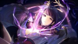 Rule 34 | 1girl, akiyoshi nozomu, arms up, black thighhighs, breasts, bridal gauntlets, bright pupils, cleavage, electricity, floating hair, genshin impact, highres, human scabbard, japanese clothes, kimono, large breasts, long hair, looking at viewer, mole, mole under eye, open mouth, purple eyes, purple hair, purple kimono, raiden shogun, red ribbon, ribbon, solo, thighhighs