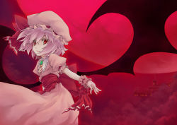 Rule 34 | 1girl, arm garter, bat wings, brooch, female focus, full moon, gloves, hat, jewelry, moon, nanaran, outstretched arms, pale skin, purple eyes, red eyes, red moon, red sky, remilia scarlet, scarlet devil mansion, sky, smile, solo, spread arms, touhou, wings