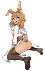 Rule 34 | 1girl, animal ears, ass, blue eyes, blush, boots, breasts, brown footwear, brown hair, corrupted twitter file, freckles, high heel boots, high heels, highres, looking at viewer, medium breasts, medium hair, oninuer, open mouth, original, rabbit ears, rabbit girl, rabbit tail, simple background, smile, solo, tail, teeth, thigh boots, upper teeth only, white background