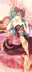 Rule 34 | 1girl, aqua eyes, aqua hair, bad id, bad pixiv id, bow, bracelet, cake, dress, earrings, female focus, floral print, food, fork, formal, hair bow, hatsune miku, head rest, highres, jewelry, lace, lace-trimmed dress, lace trim, long hair, patterned legwear, pink dress, print thighhighs, reika (iamreika), sitting, smile, solo, strapless, strapless dress, striped clothes, striped thighhighs, thighhighs, twintails, vertical-striped clothes, vertical-striped thighhighs, vocaloid, yellow thighhighs