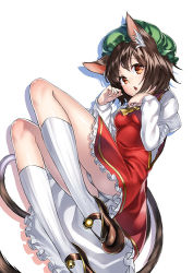 Rule 34 | 1girl, animal ears, bell, blush, brown eyes, brown hair, cat ears, chen, chestnut mouth, drop shadow, jingle bell, legs folded, loafers, long sleeves, looking at viewer, mary janes, multiple tails, panties, paw pose, shoes, short hair, simple background, socks, solo, tail, touhou, underwear, unowen, upskirt, white background, white panties, white socks