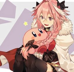 Rule 34 | 1boy, astolfo (fate), black bow, bow, braid, cape, crossover, fang, fate/apocrypha, fate/grand order, fate (series), fur trim, garter straps, hair ribbon, highres, kirby, kirby (series), male focus, multicolored hair, open mouth, pink hair, purple eyes, ribbon, single braid, smile, streaked hair, trap, ya 4004