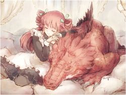 Rule 34 | 1girl, arm pillow, bemani, black dress, black pantyhose, closed eyes, commentary request, curtains, dragon, dress, facing viewer, hair ribbon, leaning to the side, leoharju, long hair, looking at viewer, making-of available, on bed, pantyhose, pillow, red hair, reflec beat, ribbon, ririize to honoo ryuu laevateinn, sidelocks, sitting, sleeping, smile